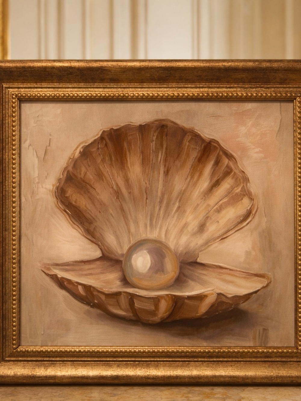 Oyster and Pearl “The Biginnin” 12x12 art with golden frame